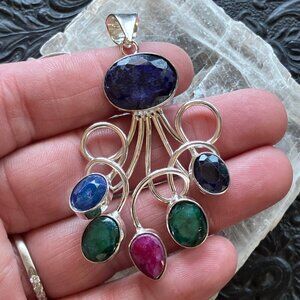 Simulated Sapphire Emerald and Ruby Gemstone Crystal Jewelry Swirl Pendant